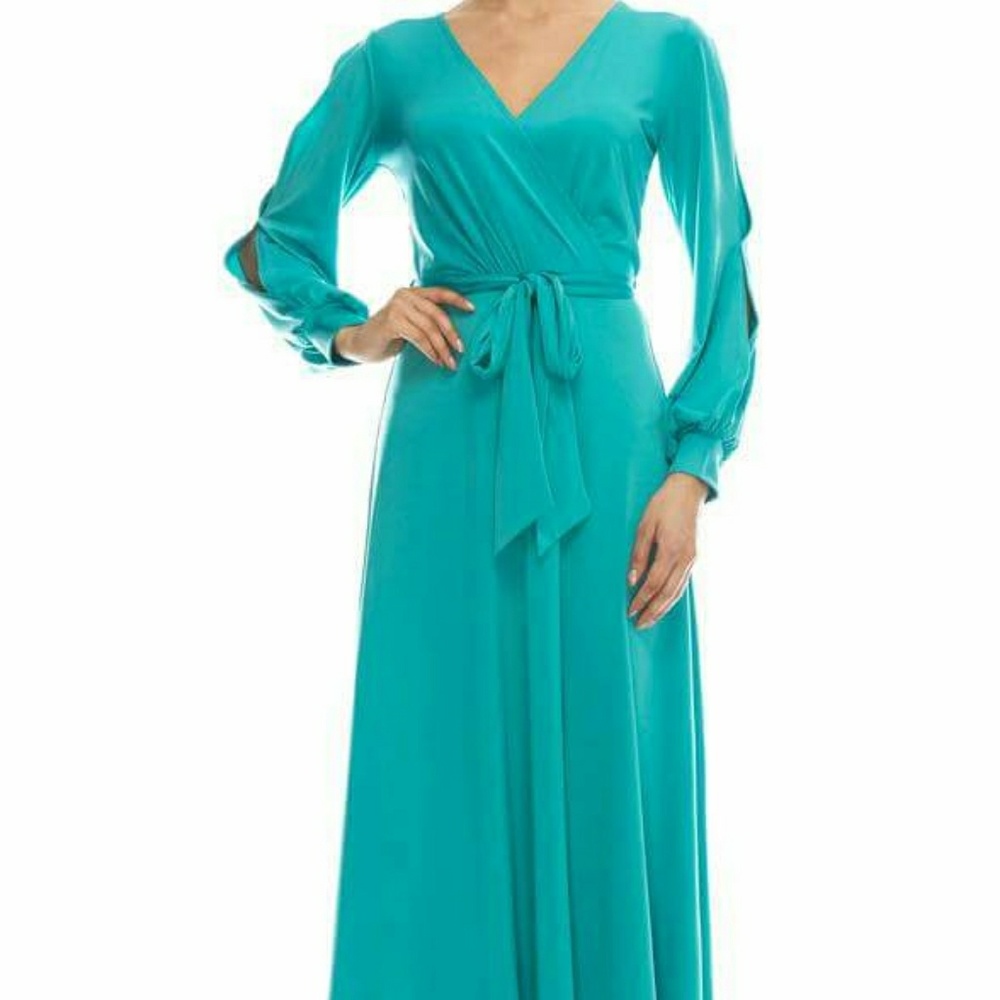 Wrap front, long split sleeve maxi dress